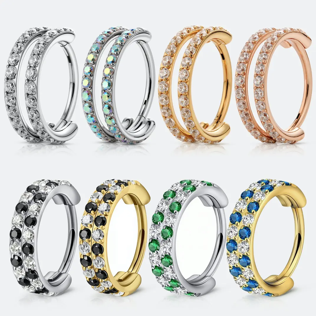 20G Titanium Checkerboard Double-Row CZ Hinged Nose Ring