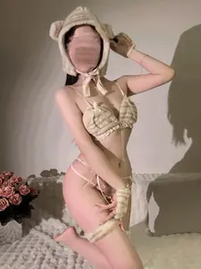 Lovingerie Cute Fluffy Tiger Lingerie Set 6-Piece Animal Role Play Costume With Plush Bra, Thong, Ear Hat, Wrist Cuffs, Garter Belt And Detachable Tail, Seductive Tiger Print Ruffle Lingerie In Beige Color, Curves Flattering Boudoir Outfit.