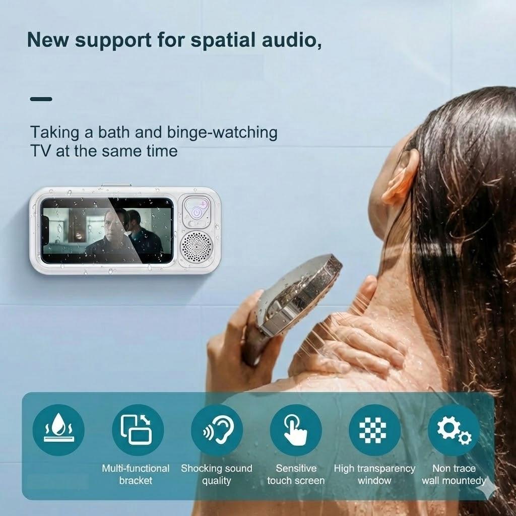 Waterproof Shower Phone Holder with Bluetooth Speaker, 360° Rotatable Wall Mount Phone Case with Touch Screen, IPX7 Waterproof Bathroom Phone Stand for Shower