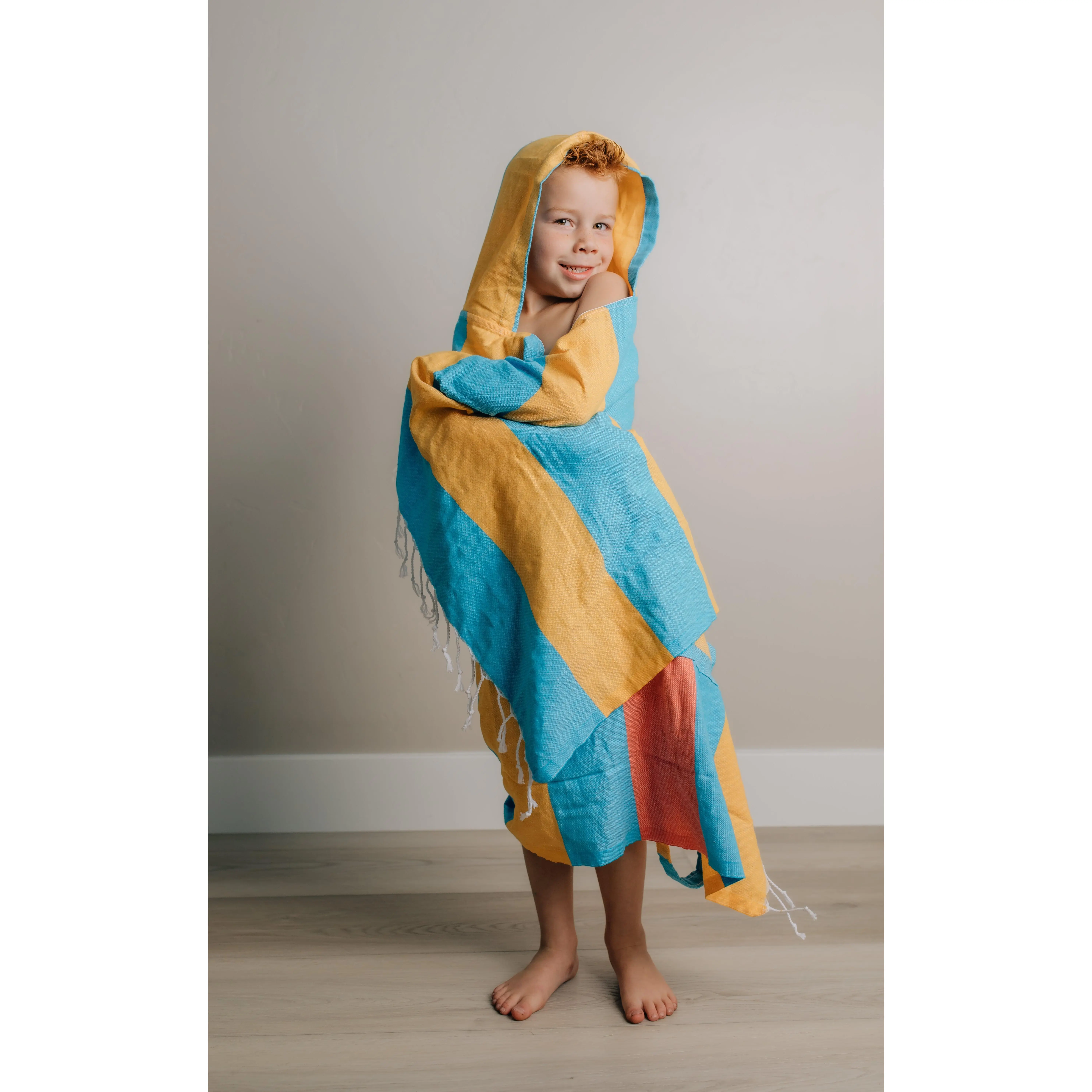 ColorBlock Junior Hooded Towel Backpack in 100% Turkish Cotton - Ultra-Light and Water Absorbent- sand free 