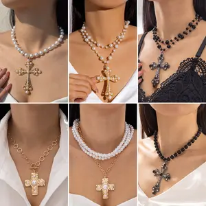 Exaggerated Personality Punk Style Imitation Pearl Necklace Cross Sweet Cool Long Pendant Necklace
