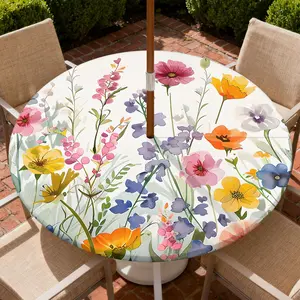Round Outdoor Tablecloth with Umbrella Hole, Zippered Fitted Tablecloth with Elastic Edge, Waterproof Table Cloth Cover for Picnic Party Fits 45"-48" Round Table, Summer Flower
