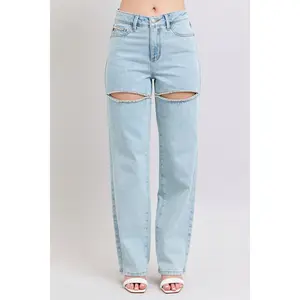 Judy Blue High Waist Rigid Magic Rhinestone Slits Detail Straight Denim Jeans 88954