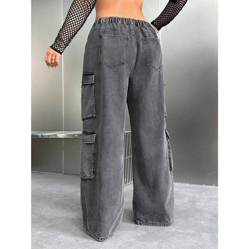 SHEIN X Virginia & Zefelipe Y2K High Waist Black Cargo Pocket plus Size Straight Leg Jeans SHEIN