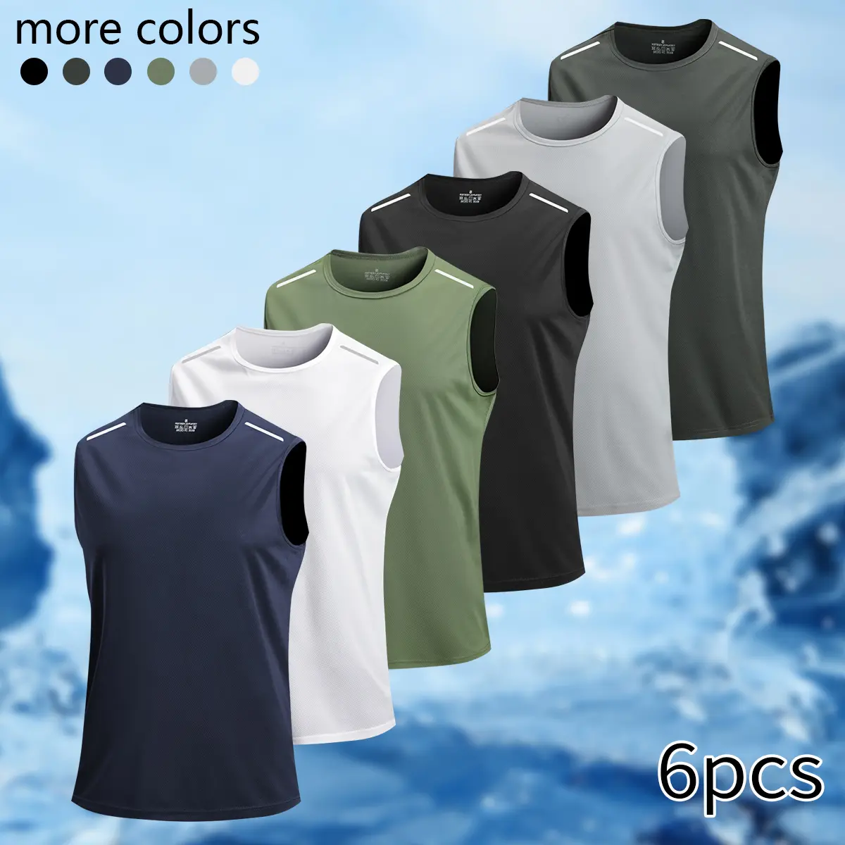Men's 6-Piece Multi-Pack Form-Fitting Lightweight Knit Cooling Vests, Quick-Dry Moisture-Wicking Sleeveless Short Beach Fit Athletic Tops, Stretch Fitted Cropped Sports Clothing for Fishing, Form-Fitting Vests, Sleeveless Short Vests