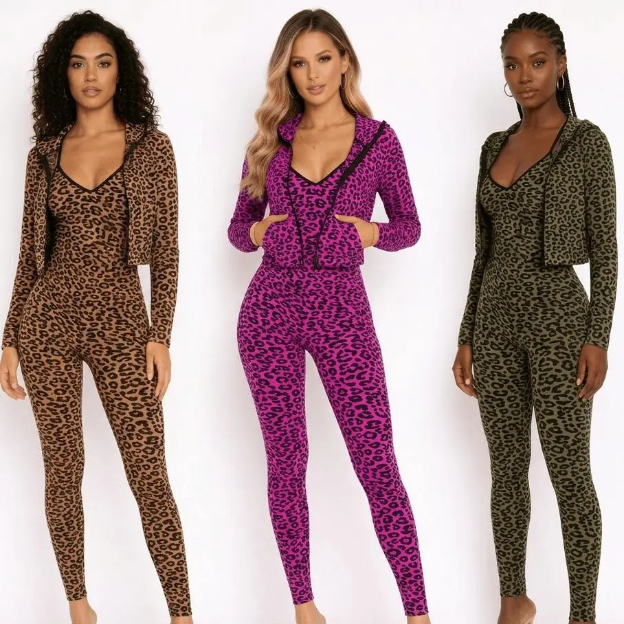 Women Leopard Print Fitted Long Bodysuit Romper Jumpsuit Womenswear Overalls