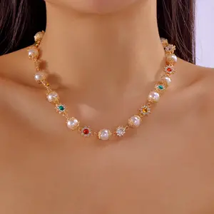 .ridescent faux pearl and colored diamond flower necklace,Gift for Various Holidays, Suitable for Mothers And Girlfriends Alike. This Unisex High-End Jewelry Is Ideal for Brides And Wedding Accessories, As Well As for Music Festivals with an Ethnic Vibe.