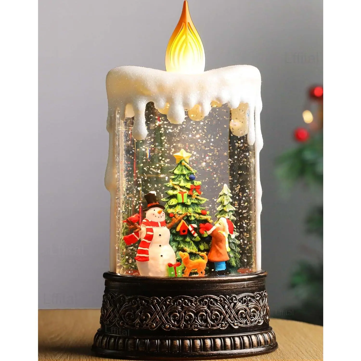 Christmas Snow Globe Lantern Lighted Christmas Decorations for Home Candle Shaped Snow Lantern with Music Timer Glittering Festival Gife USB & Battery Operated