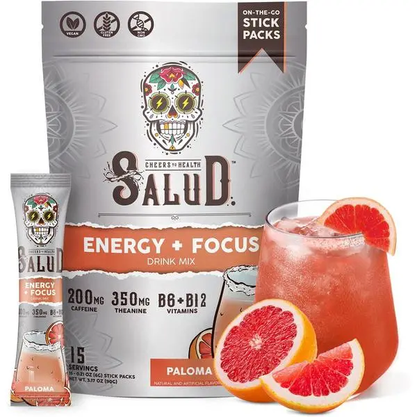 Salud 2-in-1 Energy Drink Powder + Focus, Paloma, Organic Caffeine, B6 + B12, Theanine, Clean Energy Drink Packets, Agua Fresca Mix, Non-GMO, Gluten Free, Vegan, 1g of Sugar, (15 Servings)