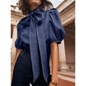 Women's Plain Bow Decor Puff Sleeve Shirt, Casual Half Sleeve  Top for Summer, Ladies Clothes for Daily Wear, Shirts??gift??