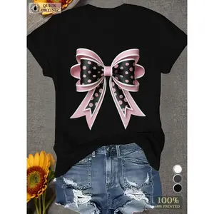 Women's Plus Size 100% Cotton Knitted T-Shirt, Geometric Bow Printed Streetwear Top, Casual Chic Round Neck Short Sleeved Fabric Blouse
