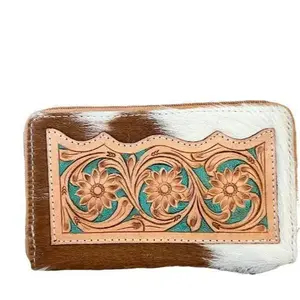 Cowhide Leather Wallet - Western Genuine Hand Tooled with Turquoise Tooling Leather Cowhide Wallet Checkbook - Hair on Fur Cowhide - Gift for Her