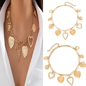 1/2/3 PCS Vintage Geometric Love Heart Pendant Necklace Adjustable Length Neckchain Gold Heart Charm Necklace for Women Trendy Chunky Puffy Heart Choker Charms Necklace Elegant Clavicle Chain Party Fashion Jewelry Gift Necklaces