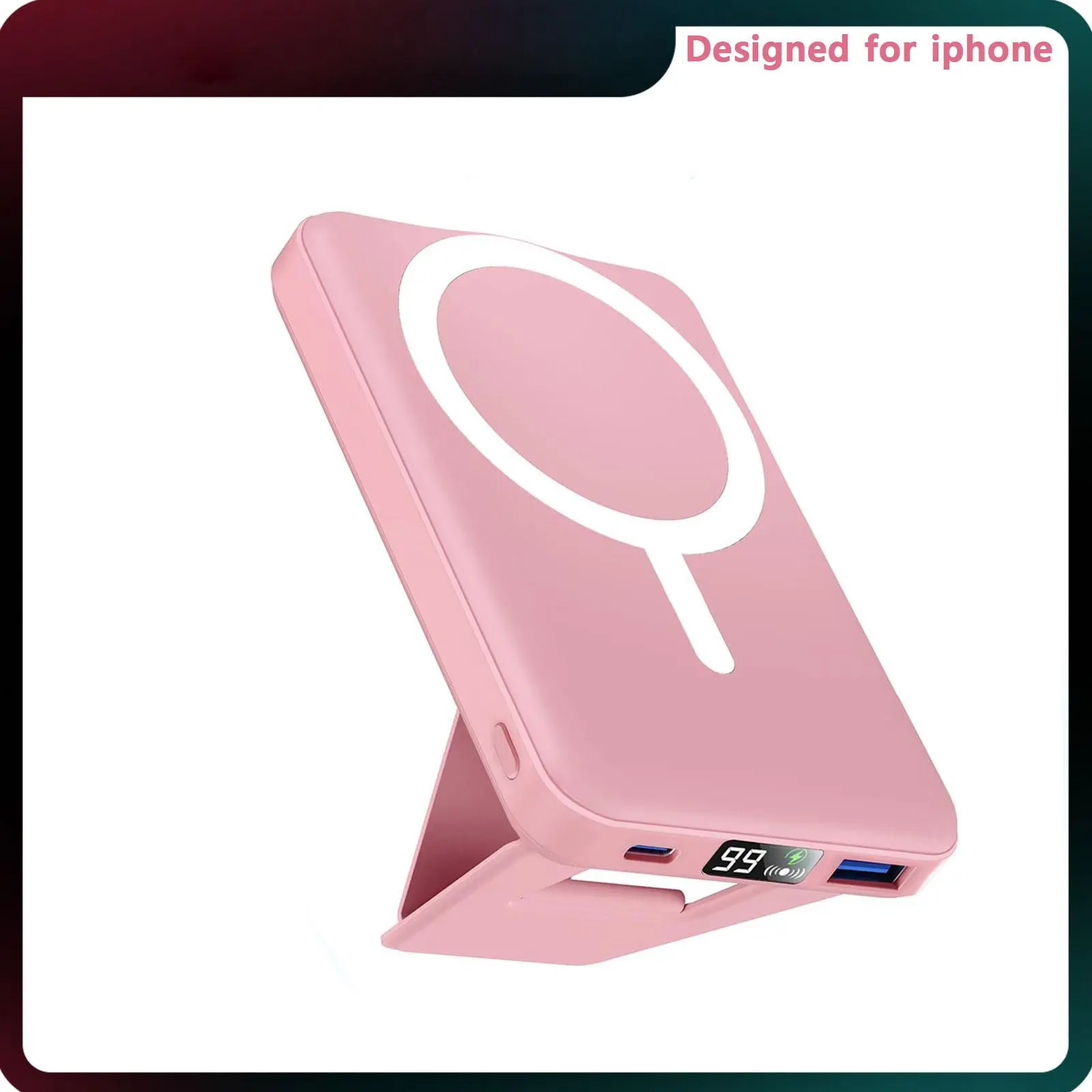 Podoru 10000mAh Silicone Magnetic Portable Wireless Power Bank, 15W MagSafe Charger with Foldable Stand, Fast Charging USB-C Battery Pack (Pink with Cable Accessories) for iPhone 17/16/15/14/13/12 Series Devices