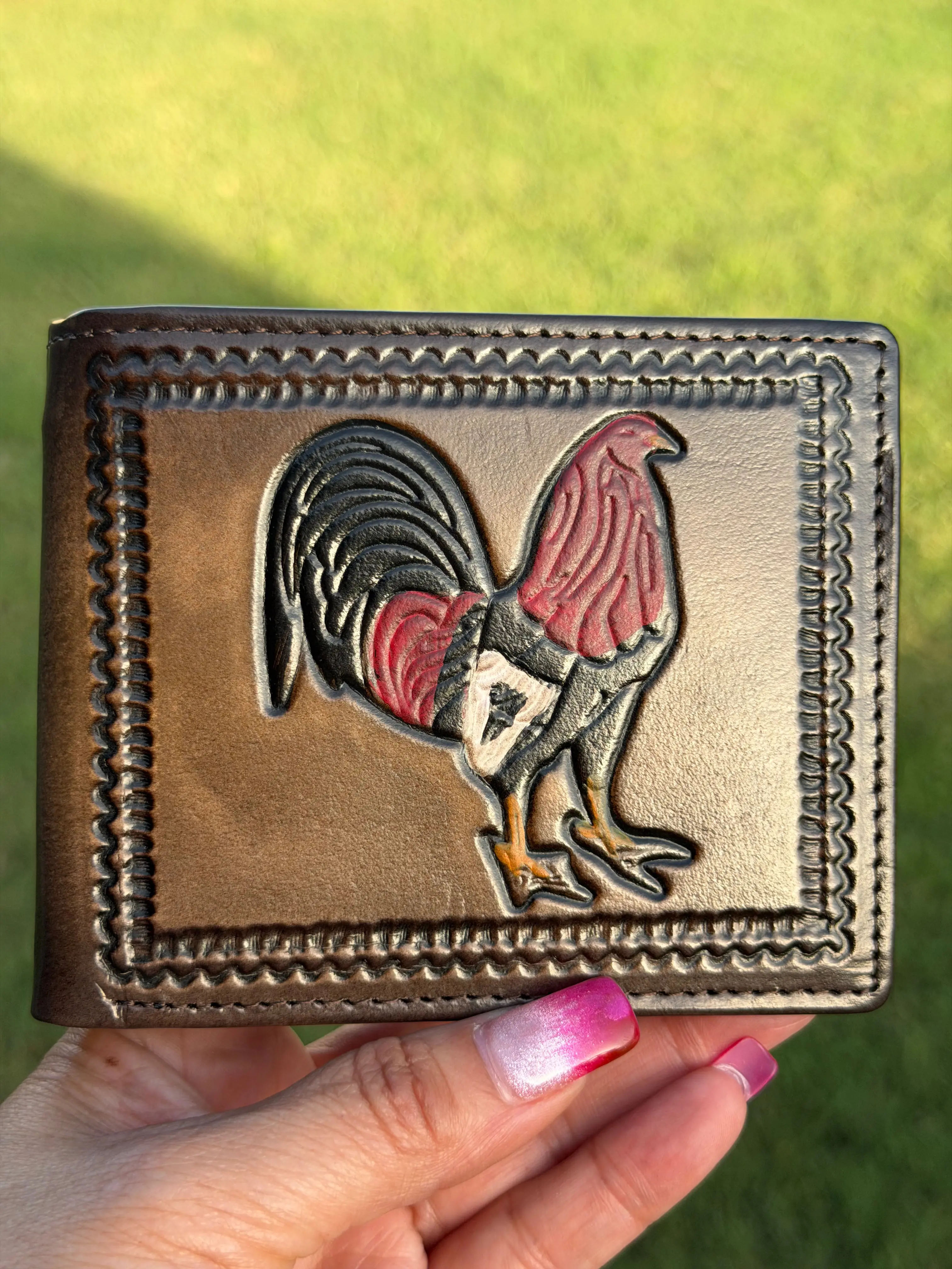 Mens Wallet for Western Wear, Genuine Leather Bifold with Cowboy Theme, Hand-Tooled Embossed Rooster & Multiple Slots, Embossed Detail