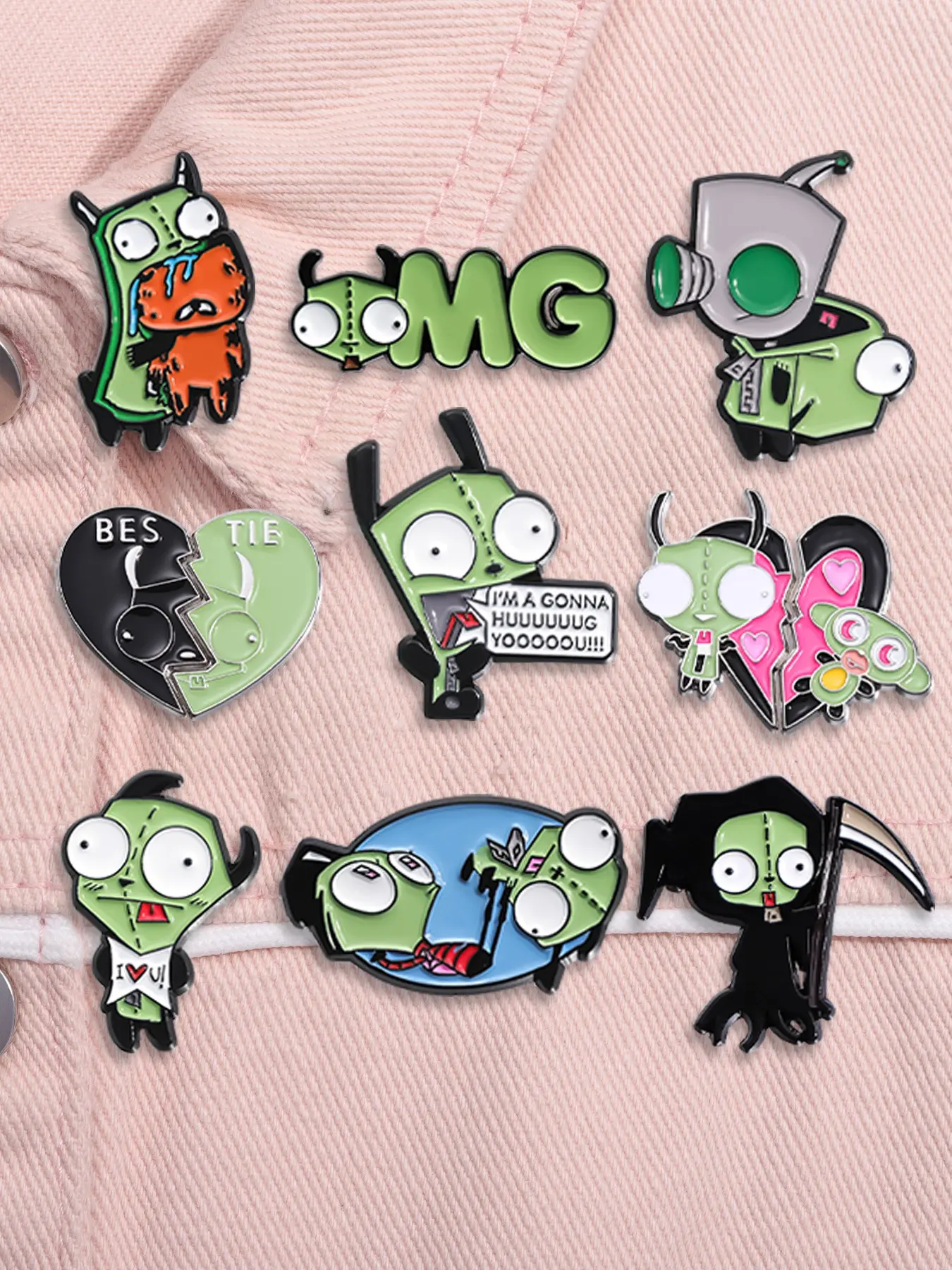 9 Piece Invader ZIM Cartoon Anime Enamel Alloy Brooch Pin, Decor Pins Green Monster Robot ZIM GIR Character Scene Iconic Design for Backpack Jacket Badge Decoration Gift for Fans Collectors