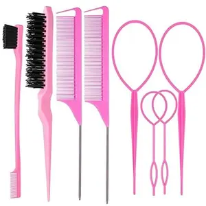 8Pcs Hair Brushes Set with 4Pcs Topsy Hair Tail Tools 1Pcs Bristle Teasing Hair Brush 1Pcs Edge Control Brush 2Pcs Metal Pin Rat Tail Combs for Woman Girl hair Styling,Edge&Back Brushing,Pink