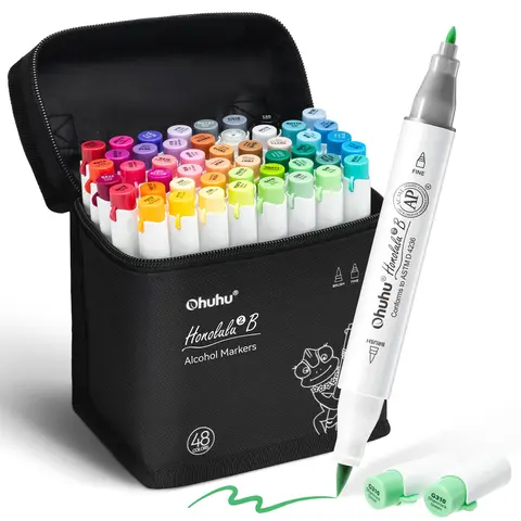 Ohuhu Alcohol Markers: Brush and Fine Tip - 48 Colors Alcohol-based Art Sketch Marker Set for Artist Adults Coloring Illustration - AP Certified Refillable Art Marker Set for Beginners Drawing Illustration Sketching - Honolulu 2B Series of Ohuhu