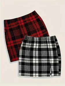 Women's Plaid Short Skirt Set, Casual Fashionable Two-Piece, Comfortable Daily Wear, Stylish Ladies' Clothing, Casual Matching Set