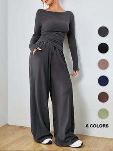 two-piece set women's solid ruched boat neck tee & high waist elastic waist wide leg pants, elegant fashion fitted casual matching two piece outfits for daily outdoor wear, women clothing for fall & winter, longsleeves womenswear