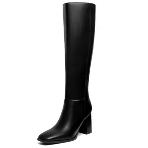 Women's Knee High Boots Fashion Chunky Heel Square Toe Tall Boots Side Zipper Long Boots