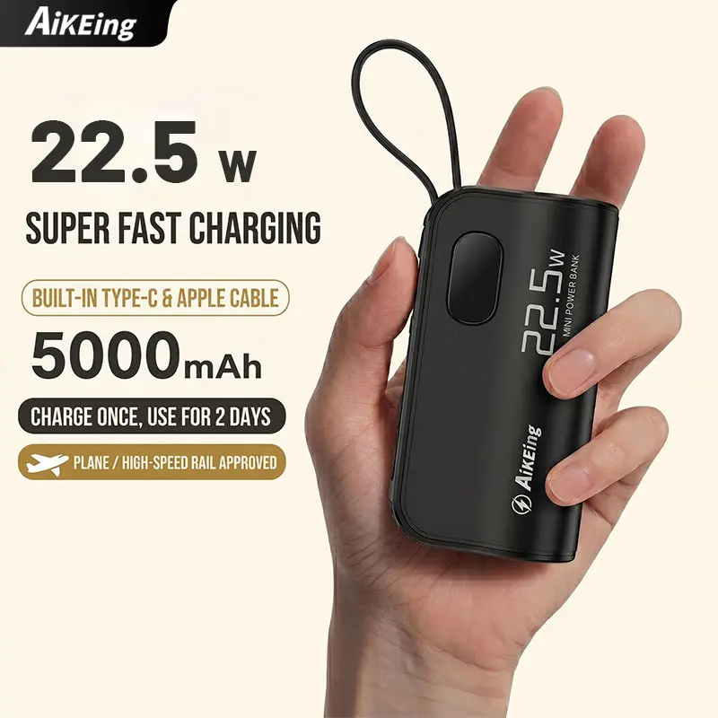 【AikEing】 5000mAh Mini Power Bank, 22.5W Fast Charging, 3-Port Output Portable Phone Charger with Digital Display, Compact Lightweight, Back-to-School Black Essential