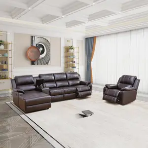 Brown Breathing Leather 4-Piece Living Room Recliner Sofa Set