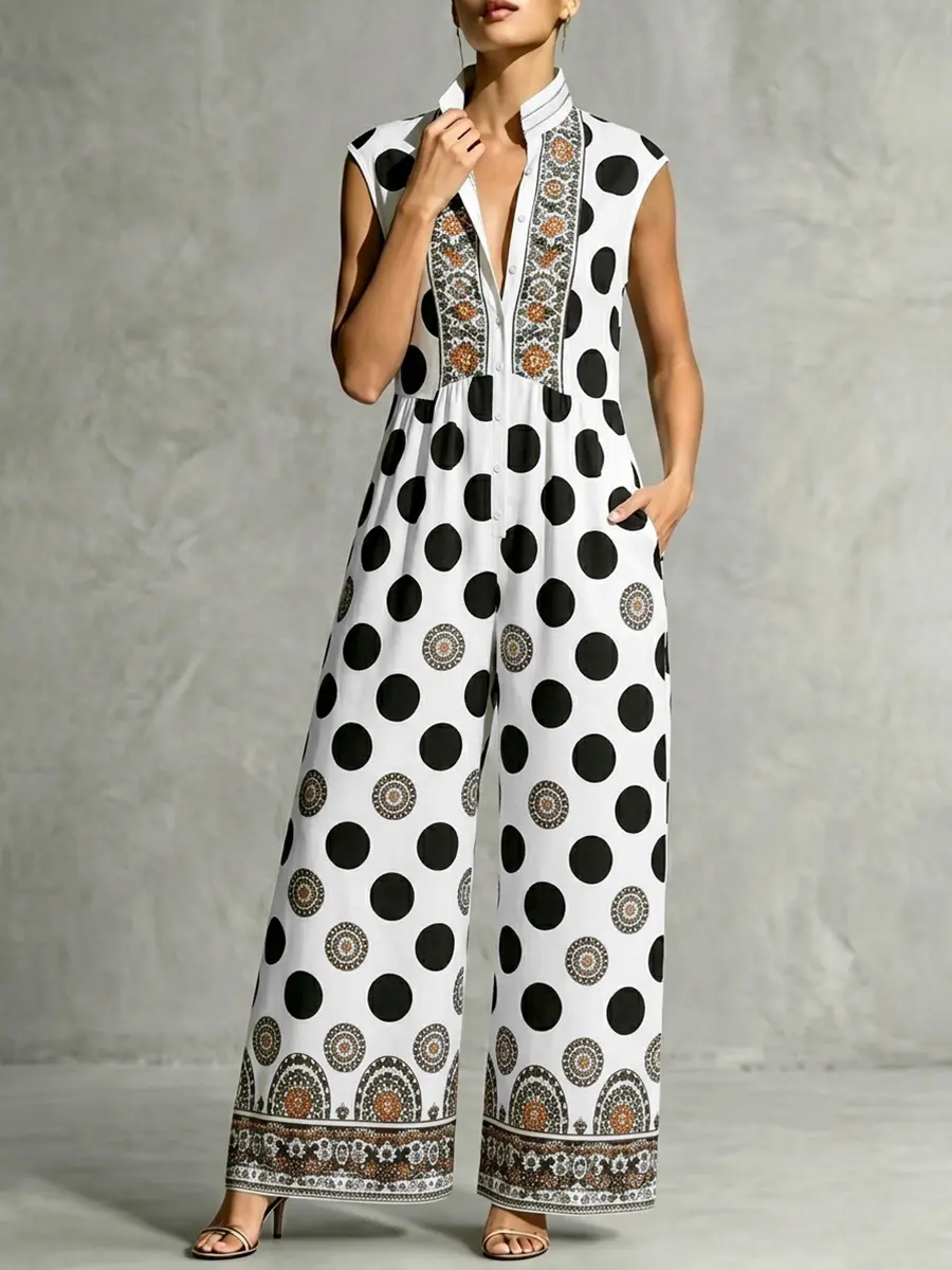 Women’s Elegant Black White Polka-Dot Printed Jumpsuit, Sleeveless Wide Leg Romper with Contrast Print Detail, Chic Vacation Outfit