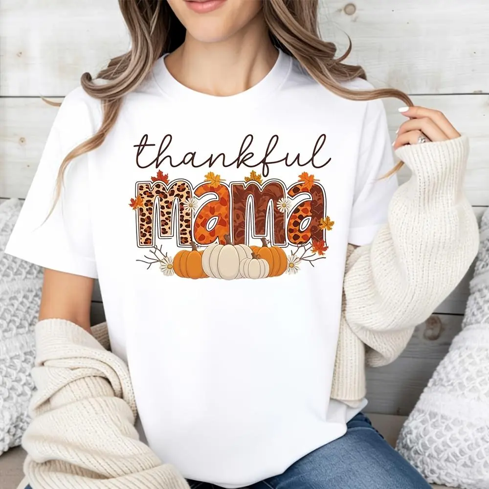 Thankful Mama Leopard Print Pumpkin Graphic, Raglan Long-Sleeved T-Shirt, Thanksgiving Autumn Fall Festival, Casual Holiday Family Gathering