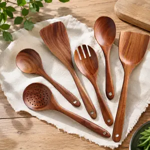 Nanmu Wooden Slotted Spoon Set (6 PCS) – Long Handle Heat-Resistant Wooden Spoons, Non-Metal Cookware Safe, Won’t Scratch  Coating，Long,Slotted,Wooden,Handle,Spoon， sieve, nonstick  surface