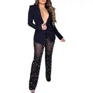 Sexy Blazer Suit Ladies Two Piece Set Long Sleeve Blazer and Mesh Transparent Trousers Set