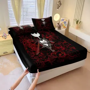 Red & Black Skull Characters Fitted Sheet Collection, Punk Edgy Style, Fluffy & Breathable, 1 Fitted Sheet 2 Pillowcases, Apartment Setup, Plush & Gentle, Perfect Birthday Gift For Besties