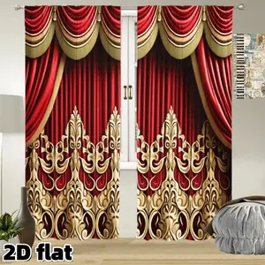 2D Flat 2Pcs Luxury European Royal Style Curtains Red Gold Damask Pattern Rod Pocket Design Semi Sunshade Polyester Fabric Suitable for Living Room Bedroom Theater Stage Window Treatment Decorative Drapes Anti Privacy