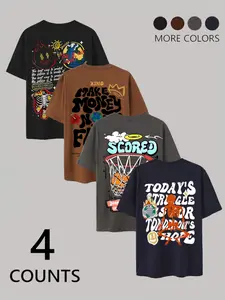 Men's 4-Pack Casual Graphic Tees, Inspirational Slogan Print, Basketball Design, Fitted Long Sleeves, H-Type Silhouette, Daily Wear