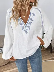 Boho Floral Embroidered V-Neck Shirt, Long Lantern Sleeve Double Layered Summer Vacation Top, Casual Loose Fit Shirt