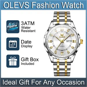 OLEVS 6727 Men's Analog Automatic Mechanical Movement Watch - 42mm Silver Dial with Rhinestone Roman Numerals, Day & Date Display, Luminous Backlit Hands, 30M - 50M Water Resistant Stainless Steel Business Dress Watch, 12 Months Warranty Ideal for Daily U