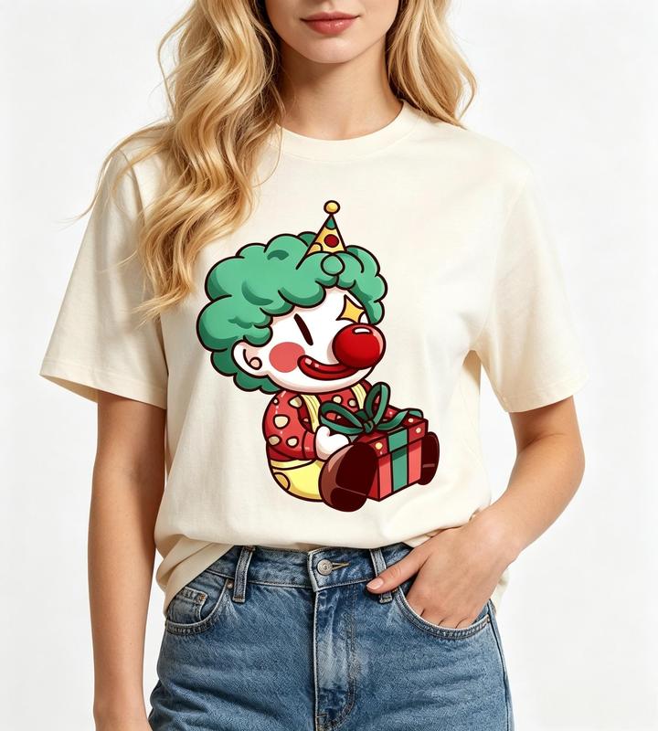 Women's Beige Short-Sleeve Graphic Print Tee - Green Hair Clown, Cute Chibi Design, Crew Neck, Fitted Cut, Lightweight, Comfortable, Beach & Birthday Party Casual, Gift Box Included, Lady Style Women's Tops #sohochic