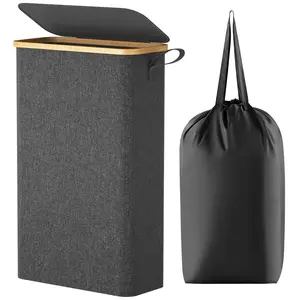 Lifewit 50L / 65L Slim Laundry Hamper with Lid, Narrow Basket with Removable Bag, Bamboo Handles, Foldable Design for Efficient Space Utilization