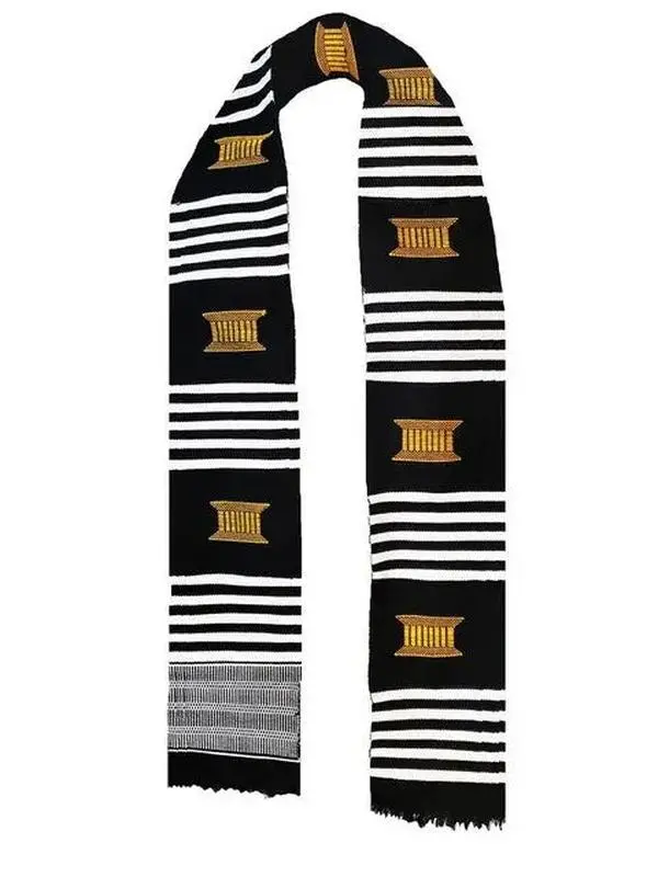 Black, Gold and White Handwoven Kente Sash- Scarf-DPS249 | African Fashion | Dupsie's