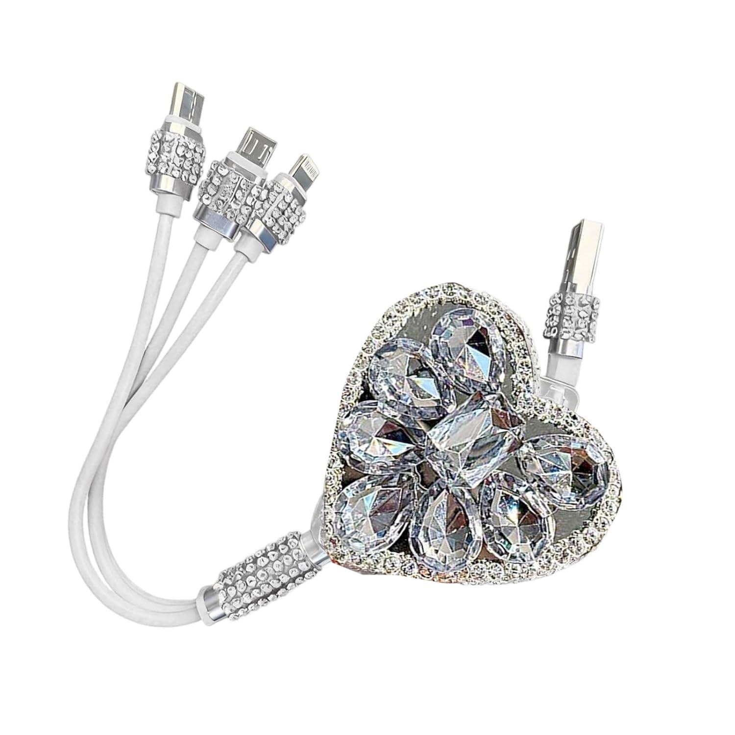 3-in-1 Bling Charger Cable Heart Rhinestone Crystal Sparkly Aesthetic Cute Car Decoration Phone Gift for Girls Women Viral TikTok