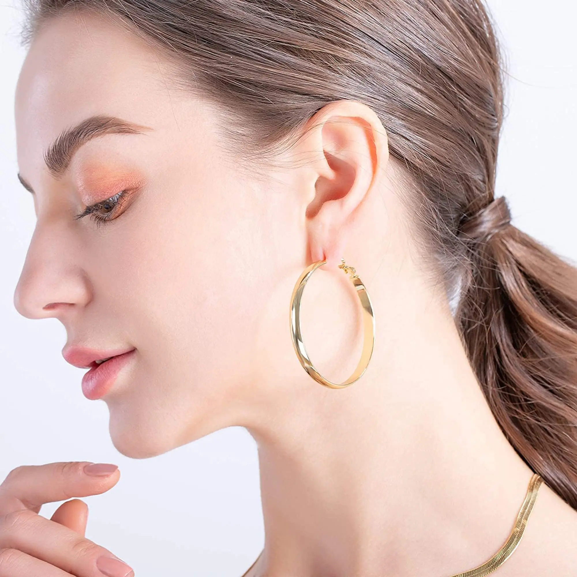 Women’s gold hoop earrings, sterling silver hoops, large silver hoops, hypoallergenic, lightweight, 14K real gold plated big hoops for women, 50 mm