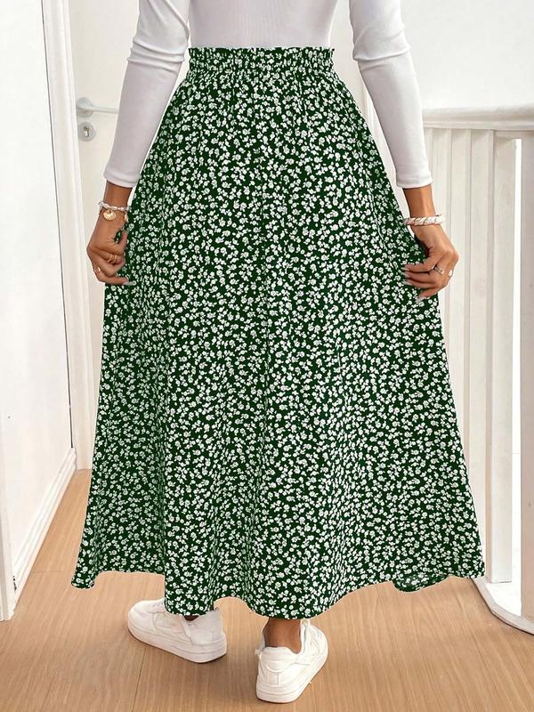 【Plus Size】 Ditsy Floral Print Long Skirt, Boho Fashion Casual A Line Skirt for Daily Holiday Vacation Wear, Women Plus Clothing for All Seasons