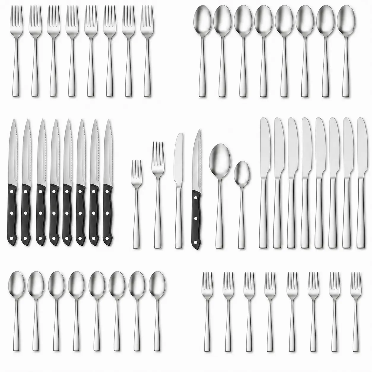 8-Person 48-Piece Stainless Steel Tableware Set, Mirror-Polished Utensils with Black Handle Steak Knives, Heavy-Duty Dinner Forks, Spoons, Dishwasher-Safe Cutlery for Home & Parties