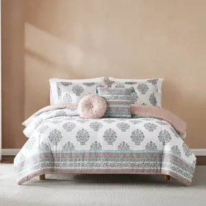 Lush Decor Sofia Flower Block Bouquet Comforter 5Pc Set - 100% Cotton, Medium Weight Polyfill, OEKO-TEX Certified, Machine Washable