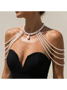 Women's Baroque Faux Pearl Shoulder Chain Necklace Multi Strand Draped Statement Jewelry with Teardrop Pendant Elegant Luxury Accessory for Bridal Wedding Evening Party Prom Gala Beach Vacation and All Formal Occasions