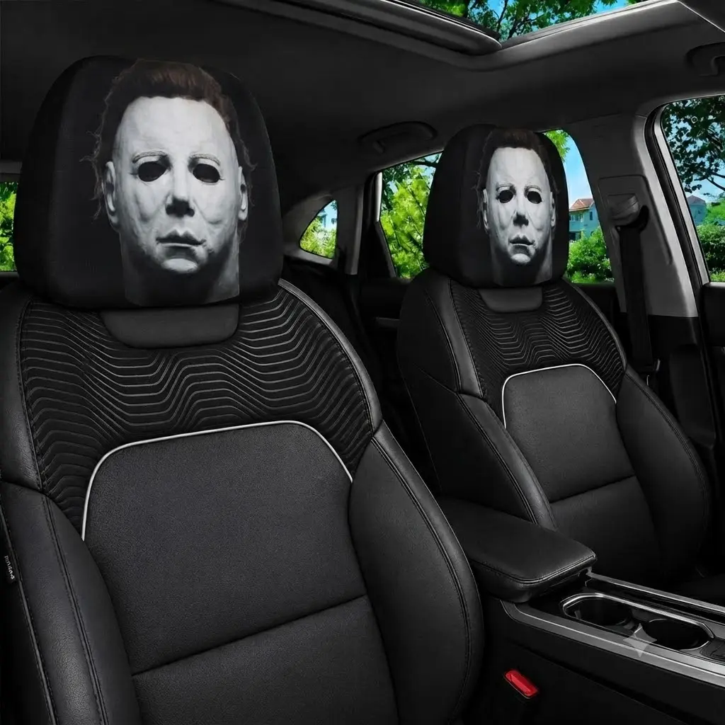 Michael Myers Car Headrest Covers 2-Pack, Halloween Horror Movie Car Headrest Cover, Creepy Halloween Car Decor