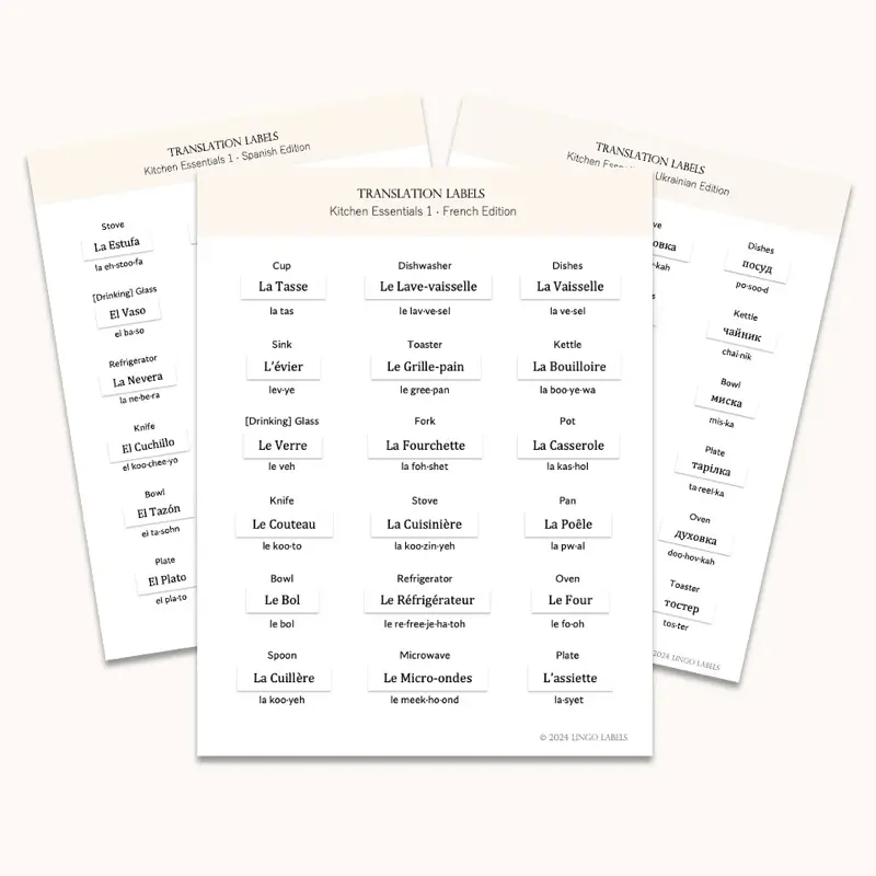 Language Translation Labels: Kitchen Essentials 1