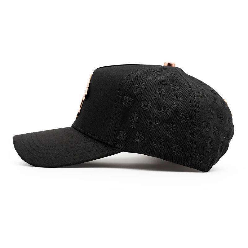 Hat Chrome Rose Gold Trucker Hat – Premium Black Adjustable Snapback with 3D Chrome Metal Crosses, Trendy Streetwear Baseball Cap