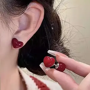 Red Stud Earrings for Women - Trendy Fashion Accessory with Heart Design