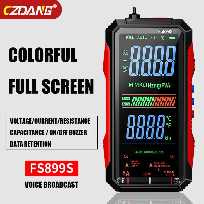 CZDANG FS899S Smart Full‑Color Screen Digital Multimeter, Anti‑Burn, High‑Precision Auto‑Ranging Full‑Screen Voice Multimeter, Portable Continuity Tester for Electrician Maintenance, Auto Range Multimeter